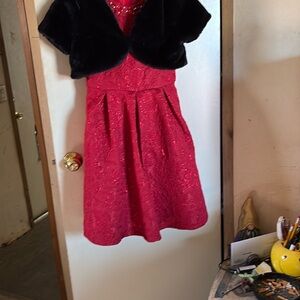 Red Dress with Black Faux Fur Shrug